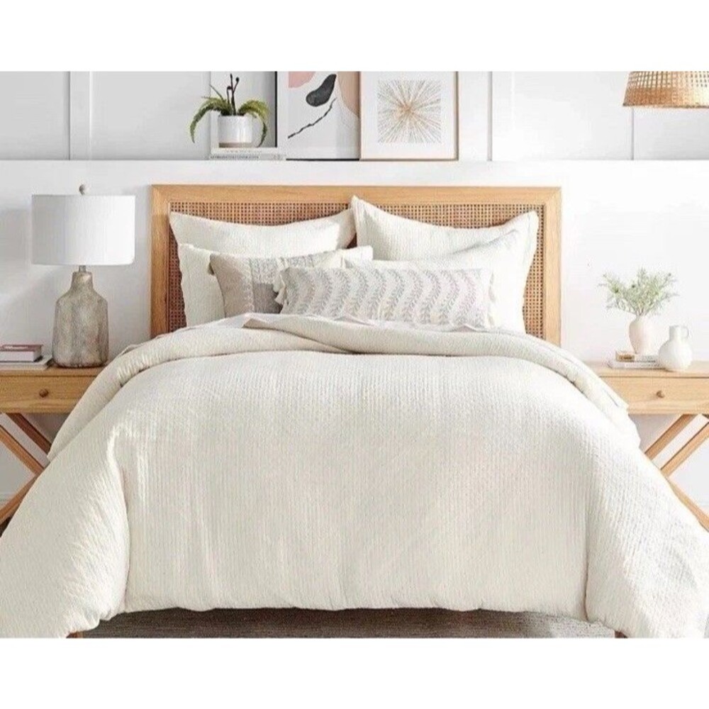 Levtex Home Reede Muslin KING Duvet Cover + 2 Shams Set Cream $380